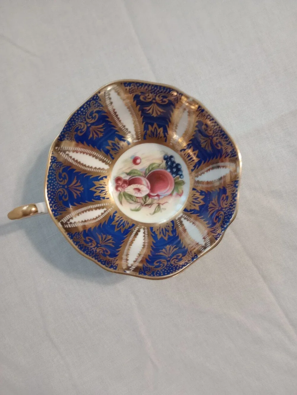 Paragon Blue & Gold Her Majesty's Cup & Saucer Fruit Pattern